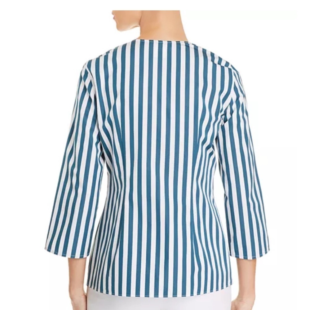 Lafayette 148 New York Blue and White Striped Wrap Blouse - Picture 3 of 11